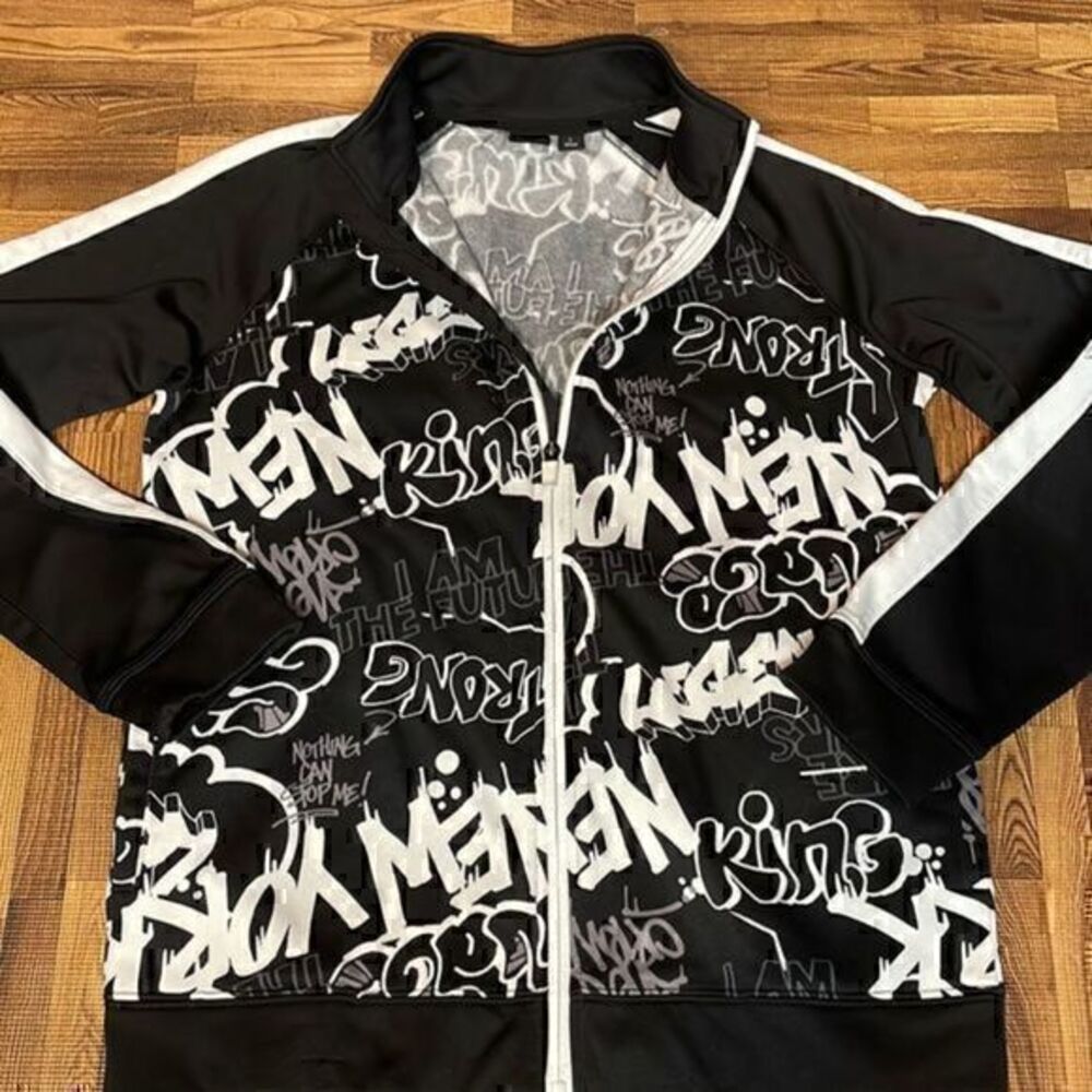 Ideology Youth Graffiti Zip Up Hoodie Black White Streetwear Size Large